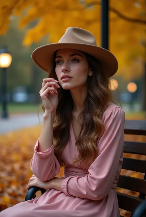 
A young woman is sitting on a park bench. The yellow and orange leaves are falling. The young woman has long and wavy hair and is wearing a brimmed hat, holding the brim of the hat with her hand. One of the lamps in the park is on and the space He has lit...