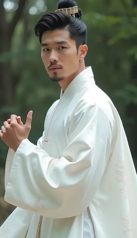 (Handsome man wearing white hanbok, traditional Korean clothing: 1.6), Dynamic pose, Reality, High quality, Real photo