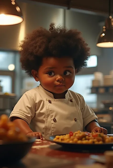 A chef. Black face. belly fat The hair is full like Ting Tings. The face is big. A photograph of a young black boy working in a restaurant being scolded