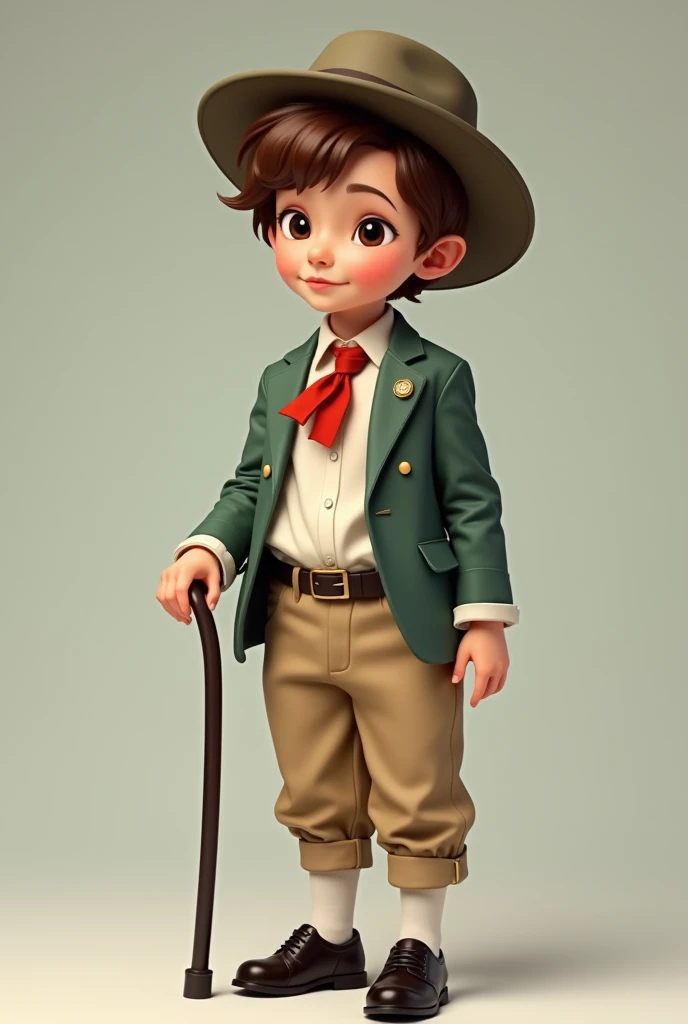 Boy with beige pants ,  black shoes, white socks that can be seen,  white shirt , short green jacket,  small red scarf tied around the neck, hat and cane  