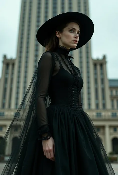  Young woman in mourning clothes .  She has a black hat on her head .  Long black tulle hangs from the back of the hat.  Young woman has a white and oval face .  Young woman with green eyes . Angry and sad . Magnificent ,  stands in front of a tall hotel. ...