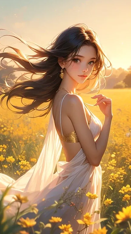 A beautiful young woman of East Asian descent, likely in her early twenties, is standing elegantly in a field of gently swaying wildflowers. Her smooth, fair skin and delicate features stand out in the soft, golden sunlight. She wears a stylish, pastel-col...