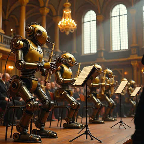 A steampunk robot orchestra performing in a grand hall. The robots are intricately designed with brass gears, pipes, and vintage machinery, playing a variety of musical instruments. The grand hall features a high ceiling with chandeliers and ornate Victori...