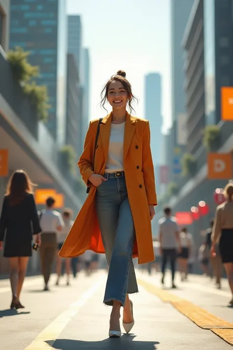 A woman walking confidently in a bright, modern setting, smiling