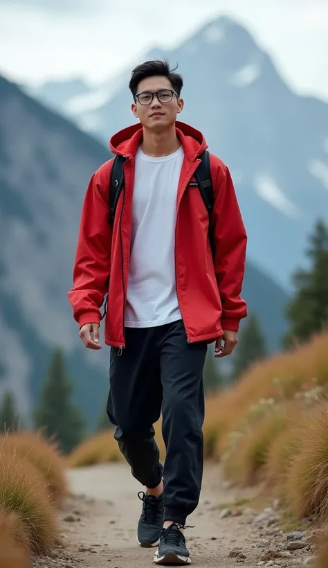 A handsome young boy 25 year old  a of Chinese origin with short dark hair and good looks wearing an oversize red hiking hooded jacket open with white T shirt, black trousers jogger, sneakers, glasses, walking a background mountain, full body