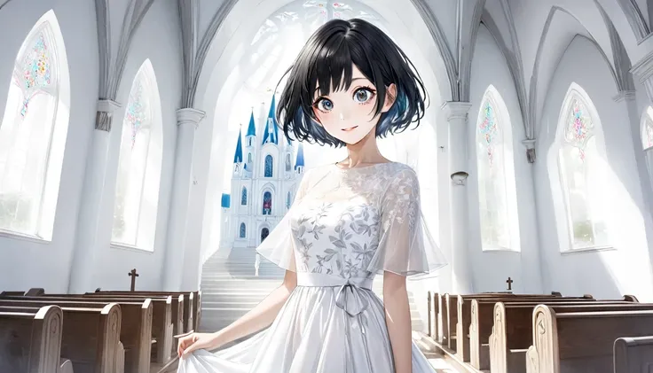 Pencil drawing, Woodblock print,  Watercolor and Oil Painting Fusion , , Cool Beauty, Short black hair。Smiling girl with big expressive eyes。 white prom dress、The 、 standing inside the white church further enhances the peaceful and nostalgic mood。 Light an...