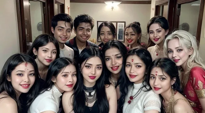 Family male and female smiles, 10 members selfish peoples, make up beautifully, red lipstick, indian peoples, black pottu, white hair