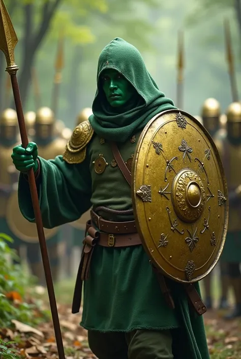 green skin ry soldier with spear gold edge on his right hand and ready to throw it. He bring transparent strong shield on left arm. The battle is happening on the valley forest between green skin army with gold cavalry army.