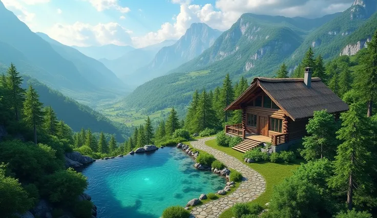 The image is an aerial view of a beautiful landscape with a small wooden cabin in the center. The cabin is made of wood and has a sloping roof, and it is surrounded by lush greenery and trees. In the center of the image, there is a small pool of turquoise ...