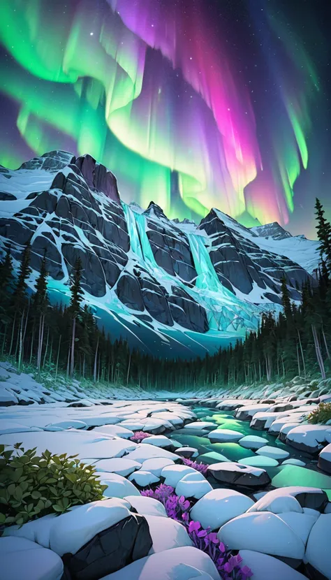 Aurora Over the Glacier、Beautiful Aurora、Aurora and the starry sky perform together、white night、In the beautiful forest、High image quality、 High Quality 、masterpiece、wallpaper、8k、