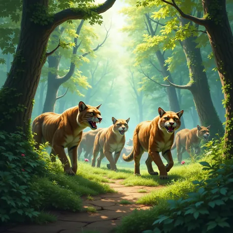 A realistic scene of a majestic clowder of warrior saber-toothed cats in a beautiful, lush green Pleistocene Forest with vibrant, colorful foliage. The forest is bathed in translucent, magical light filtering through the trees. The saber-toothed cats are d...