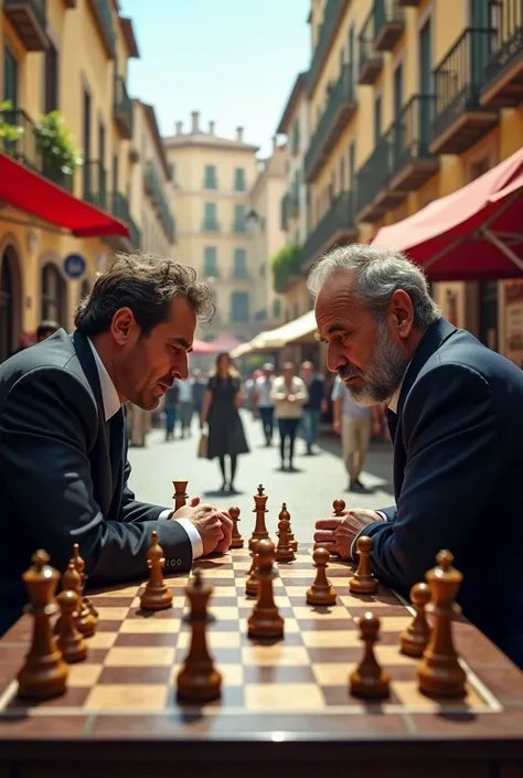 (photorealism:1.2), of the Spanish chess grandmasters playing a game of chess in a popular plaza in a Spanish city.