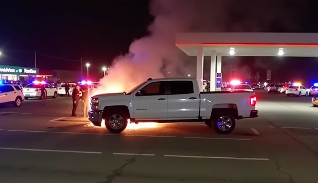 The white pickup truck was badly deformed, the rear wheel was blown off, and sparks were flying from underneath as it sded on the road, burning heavily. The driver was surrendering. The scene took place at night. There were many police cars around. The sce...