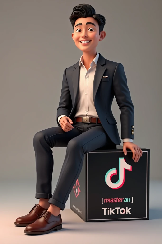 Generate a 3D depiction of a charming young man in contemporary professional attire casually seated on the Tik Tok logo. The character should be placed against a backdrop resembling his TikTok profile page, featuring the username "Master AK" and a profile ...