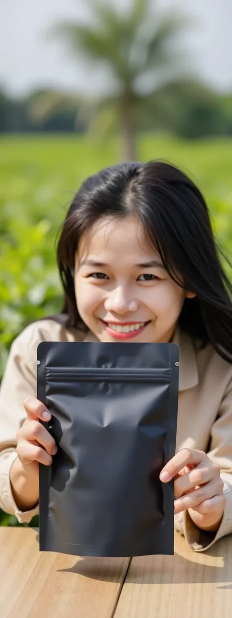 "Create a photorealistic mockup of a Japanese woman holding a smaller matte black ziplock stand-up tea pouch. The pouch should be about the size of her hand, appearing compact and portable. The woman has a gentle smile and wears a casual outfit that matche...