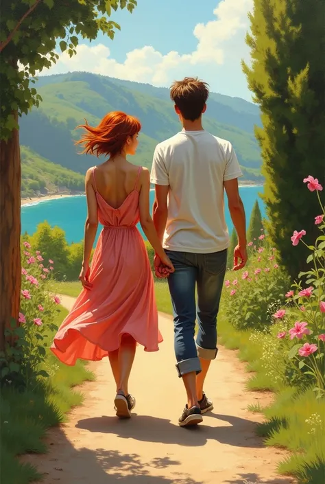 Oil. Italy. A couple, a short red-haired girl with a square and bangs walks with a handsome tall man. summer