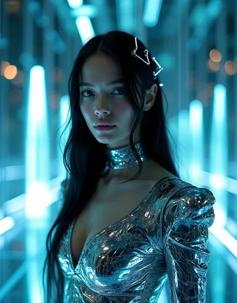 20-year-old, white-skinned, long black hair, Russian model, beautiful teeth alignment, A high-fashion editorial in full color, set in a futuristic mirrored chamber illuminated by glowing kinetic sculptures and refracted beams of light. The medium close-up ...