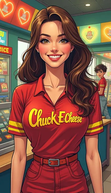 Old school comic Sylvia Crowell: A young woman in her early 20s, friendly demeanor, long brown hair, wearing the Chuck E. Cheese uniform.