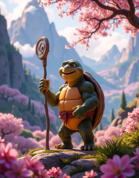 (((Masterpiece))), Best Quality, High-resolution photograph, Sharp details,Create a photo of a master Oogway (wise and old turtle, happy and smiling), with his staff from Kung fu panda, ((Master Oogway, Turtle head 1.4)), Scene is set on a mountain tops wi...