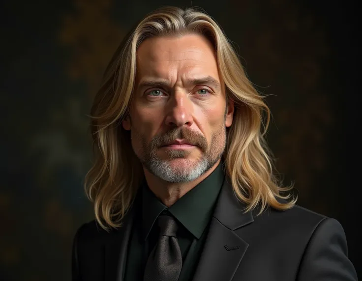 portrait dun homme de 42 ans aux cheveux blond et long, texture naturelle de la peau, bien habillé,en costume, riche, texture 4K hdr, compliqué, hyper detailed, mise au point nette