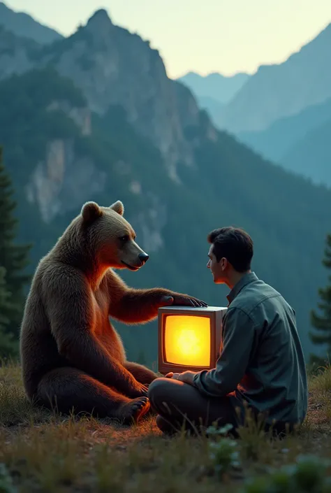 A man is petting a bear , they are sitting on a mountain next to each other, putting on a TV 