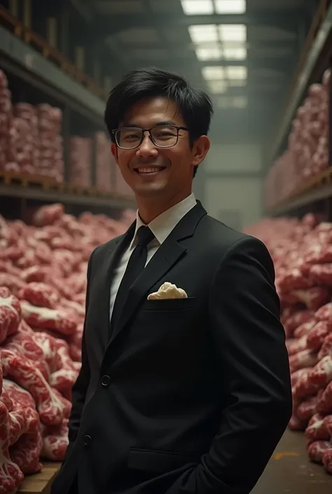 male,  oily hair , goldsmithing glasses ,  Black Suit , smile,  black short hair, Inside a huge warehouse, Heaping with meat, Very realistic,  ultra high resolution,  chiaroscuro,  super detailed