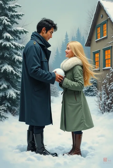 The oil painting depicts a Japanese Man 20 years old  and an American blondeWoman 20 years old  in full growth. The Man  is a tall brunette in a dark blue coat and black boots, holding a snowball in his hand. TheWoman  with long blond hair is dressed in a ...