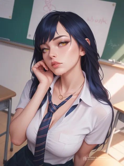 full angle, realistic, naughty girl like soraka, bored facial, necktie, sweaty, in the classroom, evening light,