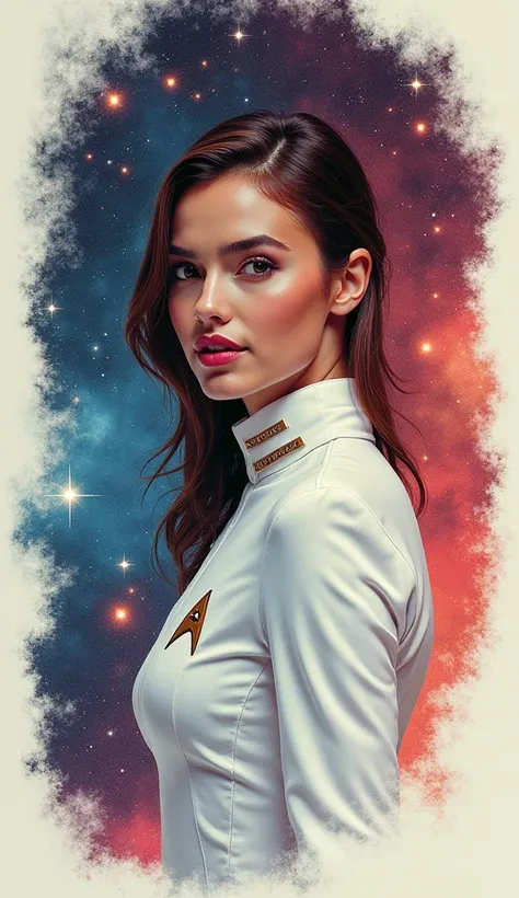 Conceptual art. Double exposure collage. Vignette. Color sketch. Sticker. 16K. UHD. high quality, photorealism. Star space. Sister of Christine Chapple (Jess Bush). White uniform. A mischievous smile. Star Trek Strange New Worlds. Outer space. Stunning ful...