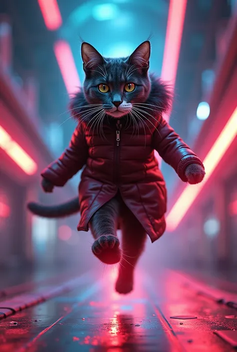 Créer une image un chatte en tenue cuir qui saute par dessus des laser 