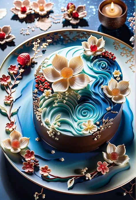 ( close-up of a crystal cake made of chocolate and cream）, The colors of the sea are intricately carved, carefully served on a clean plate ,  ケーKiloールには美しいチョウチョウが飾られている，Sakura NS、Hibiscus flower、Maple Tree，strawberry，Autumn leaves and squirrel， The blue Ju...