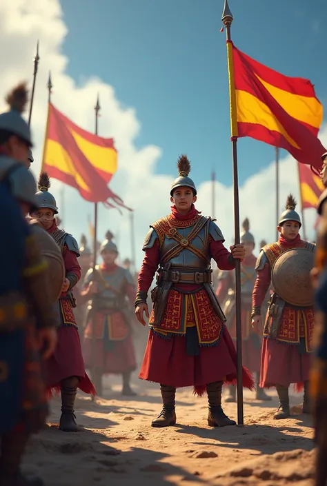 In cinematic 3d cartoon style"A group of Bhutanese soldiers, dressed in traditional armor and clothing, stands firm at the base of a fortification. They are armed with spears, swords, and shields, their faces showing determination. They are positioned near...