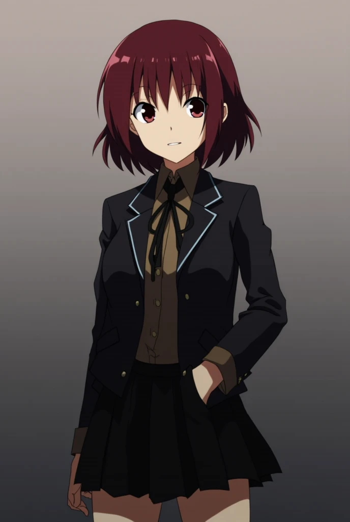 Ein Hunter x Hunter Character (anime) short dark red hair .  black skirt and black jacket girl . 