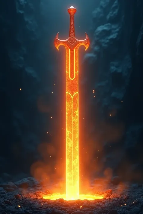 Generate a giant sword with bright light close to the end as if it was just brought out of forge. Make the background deep blue texturize but simple. Make the image size the size of a book cover. Realistic