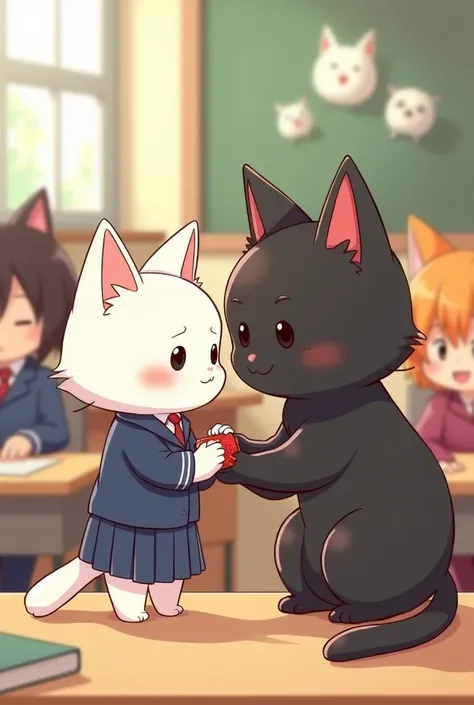 A cute white cat with his school  uniform setting on the bench and cute cat girl came to help him, in classroom with all the class mates,
Both black cat looking and shocking ,
Good cute cat girl giving him kitkat and saying dont worry Im with you, good 
Th...