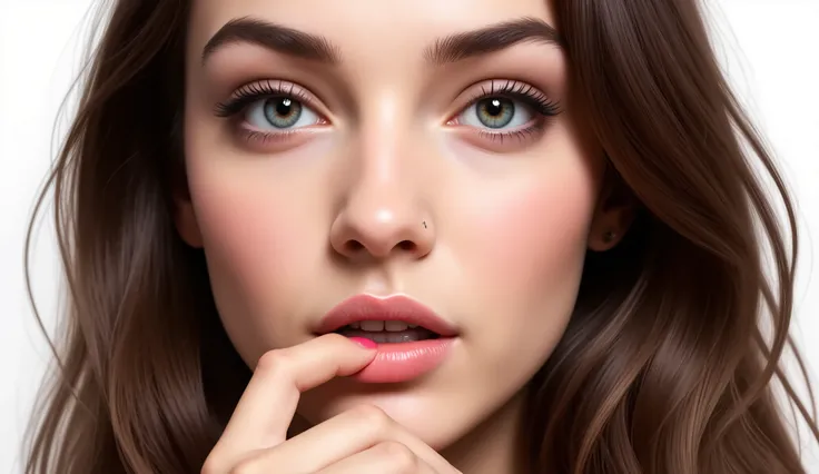 A digital painting of a womans face, rendered in a realistic yet slightly stylized manner with soft diffused lighting that casts a soft glow on her skin. Her expression is seductive, slightly biting her lip with a hint of contemplation, accentuated by larg...