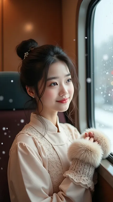 : The art type is photo. The subject is a lovely and youthful big-breasted Chinese beauty. The environment is inside the high-speed rail carriage in winter, with snowflakes floating outside the window. The details are that the beauty has light makeup, is w...