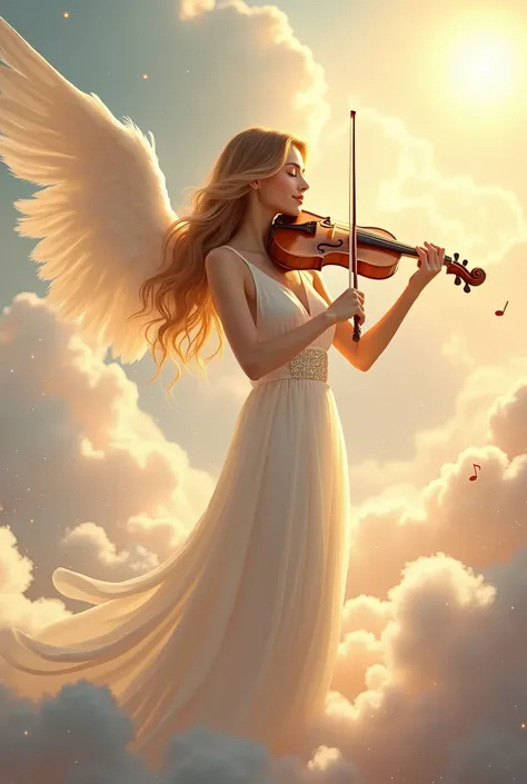 A breathtakingly beautiful girl with flowing, golden hair stands amidst the soft, ethereal clouds of heaven, playing a violin with a serene smile. She wears a delicate, flowing white gown that glows softly, almost blending with the heavenly light surroundi...