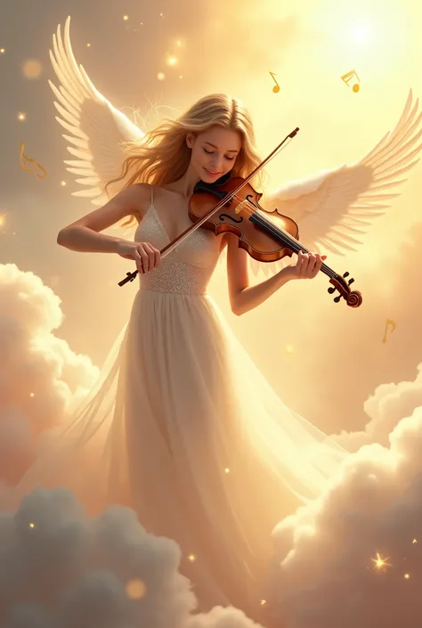 A breathtakingly beautiful girl with flowing, golden hair stands amidst the soft, ethereal clouds of heaven, playing a violin with a serene smile. She wears a delicate, flowing white gown that glows softly, almost blending with the heavenly light surroundi...