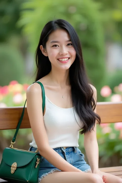 Image is a portrait-style photograph featuring a young woman sitting outdoors on a wooden bench. She has long, straight black hair and is smiling, looking slightly to the side. Her skin is light, and she has distinct facial features with a bright expressio...