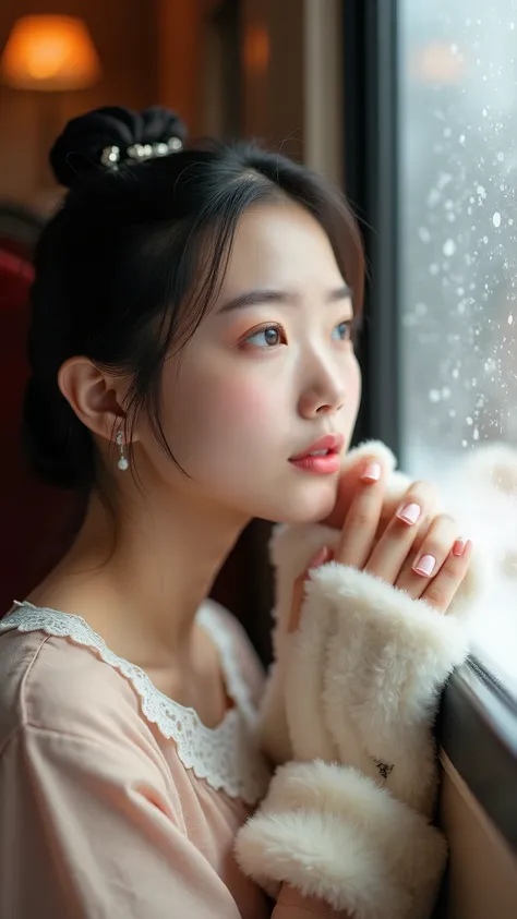 : The art type is photo. The subject is a lovely and youthful big-breasted Chinese beauty. The environment is inside the high-speed rail carriage in winter, with snowflakes floating outside the window. The details are that the beauty has light makeup, is w...