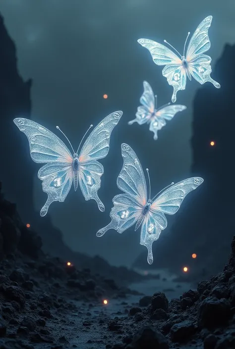 heavenly butterflies holding letters that say SYRIA with letters of white diamonds against a background of black volcanic lava