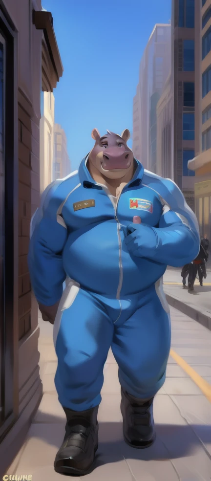 Solo, male, standing, street, hippo, blue military spacesuit, overweight, muscular, Sexual Emotions , by chunie