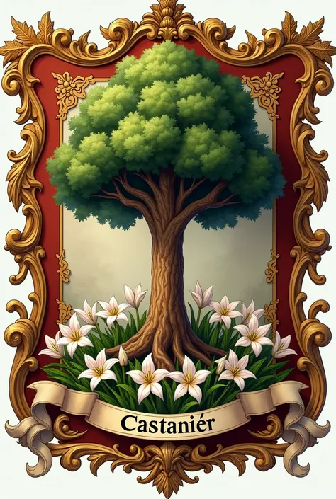  Created a French royal family coat of arms ,  with a chestnut tree as a symbol and lily flowers around the trunk, The last name is o "Castanier  "  write it below .