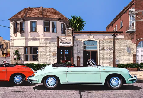 coastal road on the west coast of america with brick buildings, a highly detailed vintage red porsche 356c cabriolet car parked ...