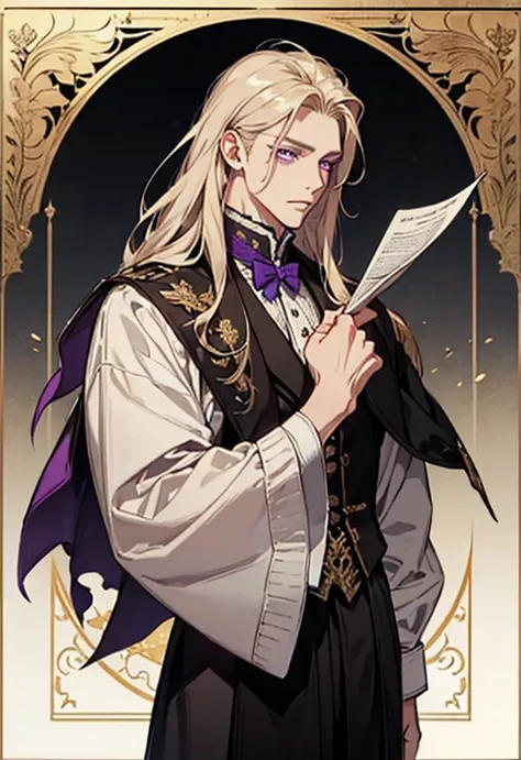  A handsome aristocrat boy ,  with purple eyes and long golden hair holds a document with an inscription "death oath " 