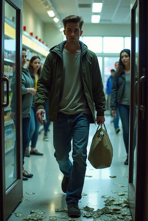  A scene captured by a supermarket camera. The image shows a young man in simple clothes , sadistic,  walking out of the place carrying a bag full of money .  Some banknotes slip out of the bag as he moves . In the background,  frightened people are standi...