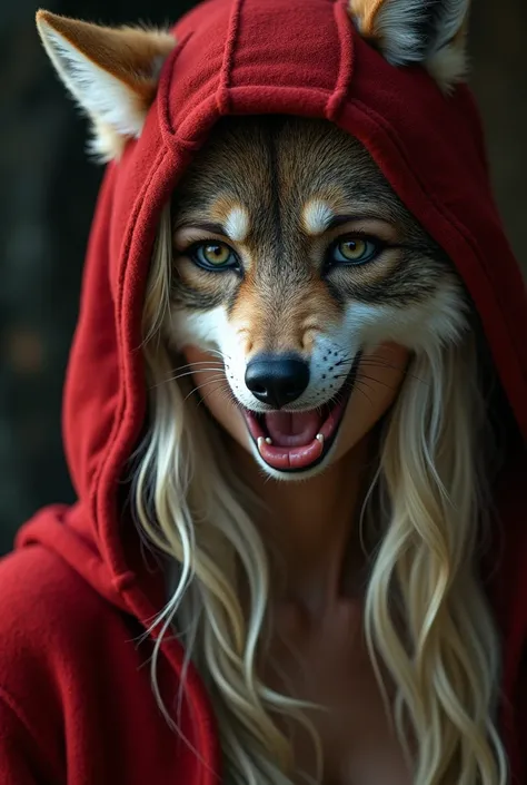 Red Riding Hood reimagined as the Big Bad Wolf, a sexy blonde wolfgirl, beautiful detailed eyes, beautiful detailed lips, extremely detailed eyes and face, long eyelashes, detailed fur texture, detailed facial features, sensual expression, beautiful detail...