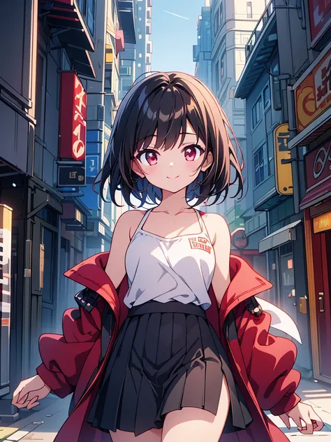 masterpiece, highest quality, highest quality, (no text), Beautiful and aesthetic:1.2),no text,anime、break,anime、break、 one girl、 Dark Haired Girl Short Hair 　 Slit Eyes Boyish 　adult　 beautiful eyes　red eyes, cool smile　Shoulder　 skirt　 Black jacket, whol...