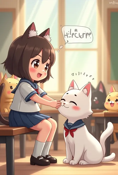 A cute white cat with his school  uniform setting on the bench and cute cat girl came to help him, in classroom with all the class mates,
Both black cat looking and shocking ,
Good cute cat girl and cat going to home with "bag and uniform" happily, "behind...